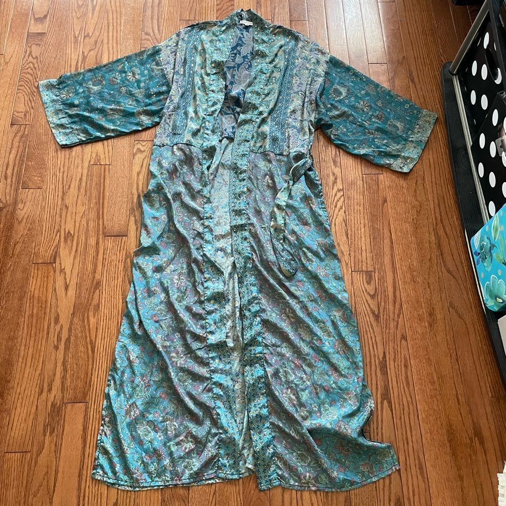 Karma Highway Turquoise Floral Print Kaftan Kimono Duster Robe One-Size